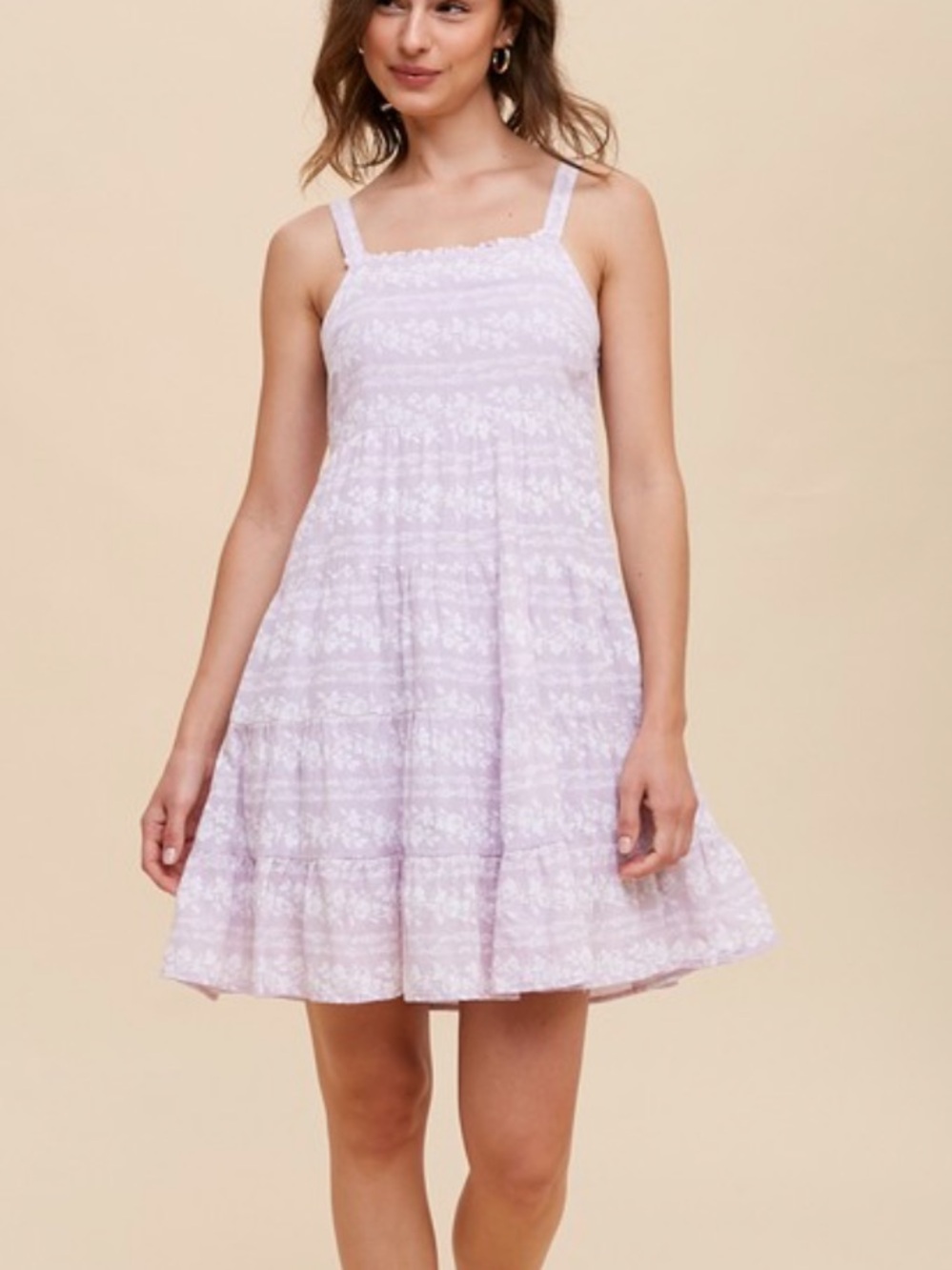 COTTON BLEND SQUARE NECK TIERED MIINI DRESS